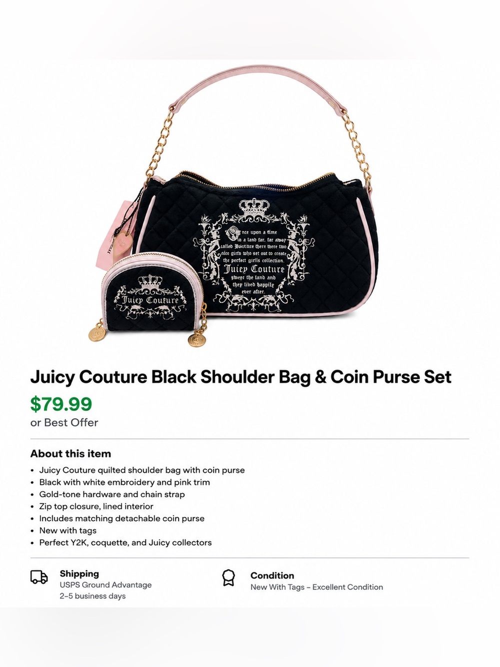 Juicy Couture Black Quilted Shoulder Bag with Pink Trim & Matching Wallet